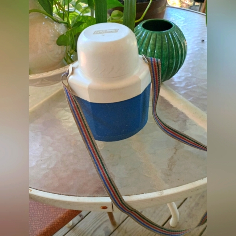 Vintage Blue and White Coleman Water Jug with Strap
